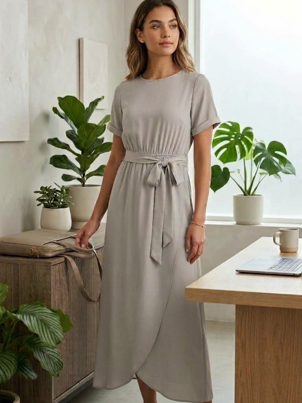 Roolee Light Taupe Short Sleeve Tie-Waist Midi Dress